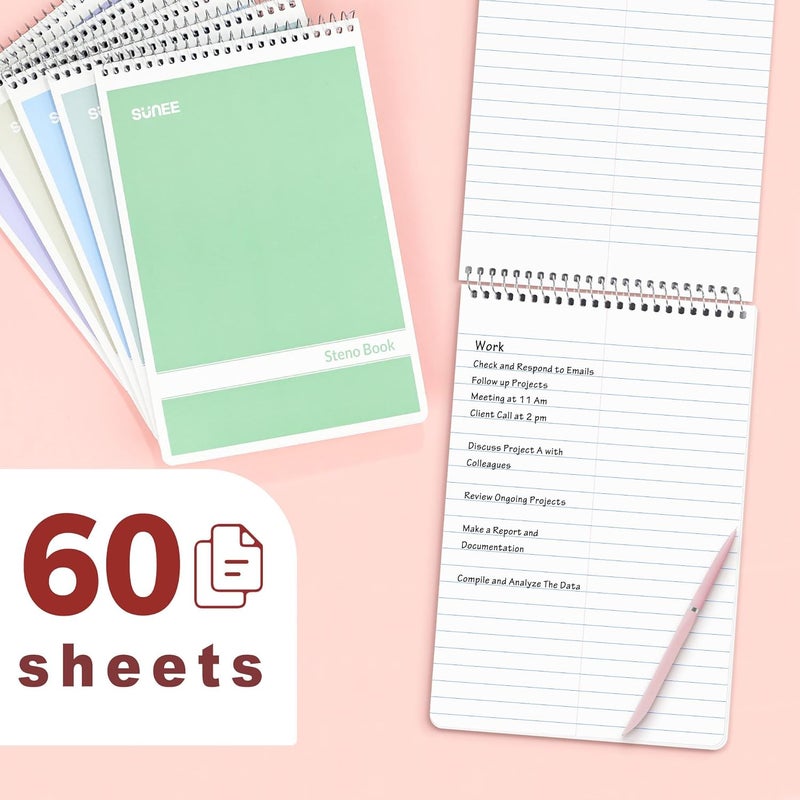 SUNEE 12 Pack Steno Pads 6x9, Gregg Rule, 60 Sheets, 6 Assorted Color Spiral Notebook 6x9, White Paper, Take Notes with Top Spiral Notebook, for School, University, College, Work, Office - Image 3